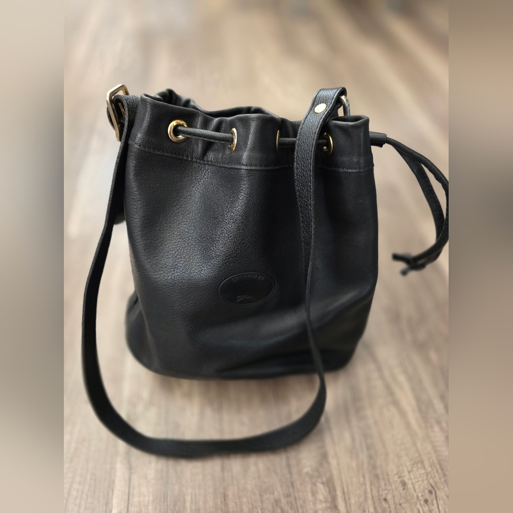 LONGCHAMP BUCKET BAG Black Leather Drawstring 2000s Vintage Designer Y2K - Picture 13 of 15
